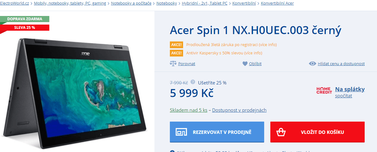 Acer Spin, až 2,6GHz, 4GB RAM, 11,6"