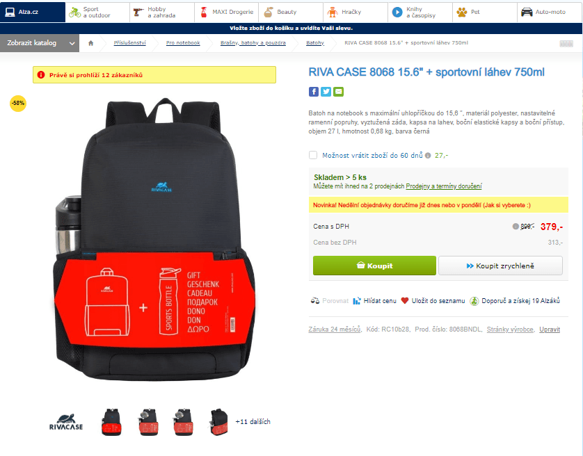 Batoh na ntb 15,6" Riva + láhev 750ml