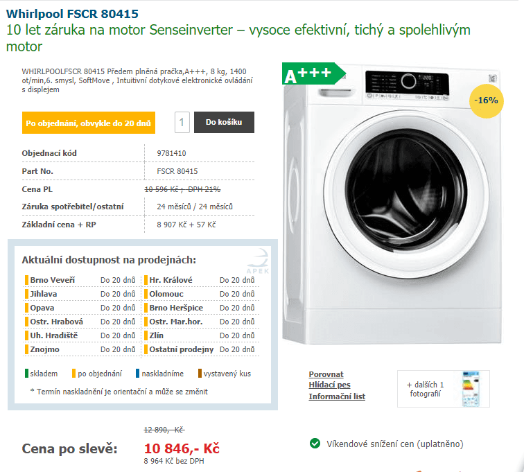 Pračka Whirlpool, 8kg, 1400 ot., A+++