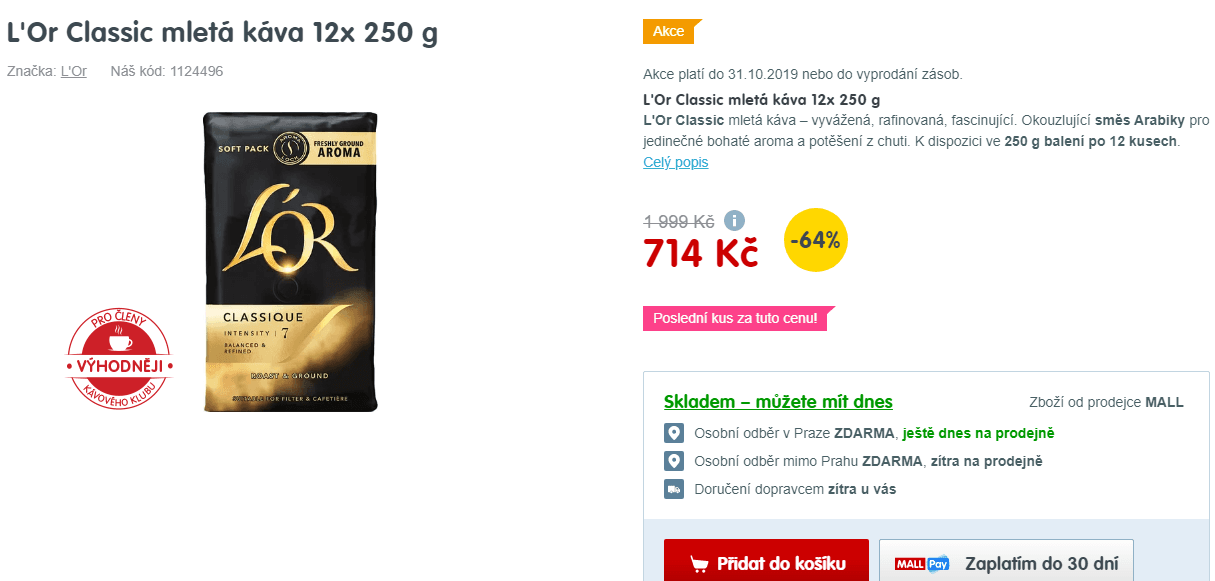 3 kila mleté kávy L'Or Classic