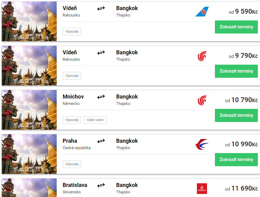 Zpáteční letenky do Bangkoku 