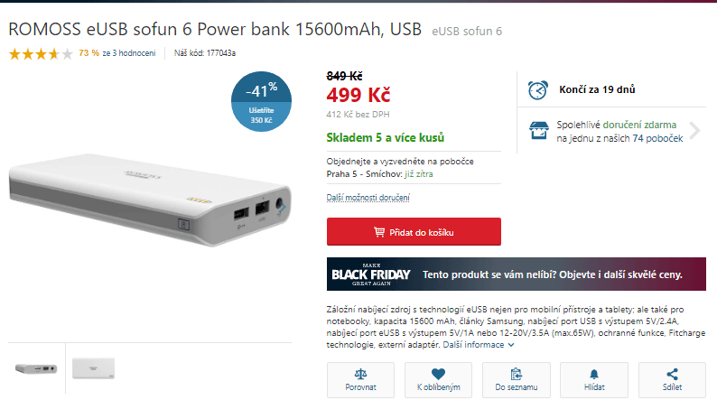 Powerbanka Romoss eUSB sofun 6, 15600mAh
