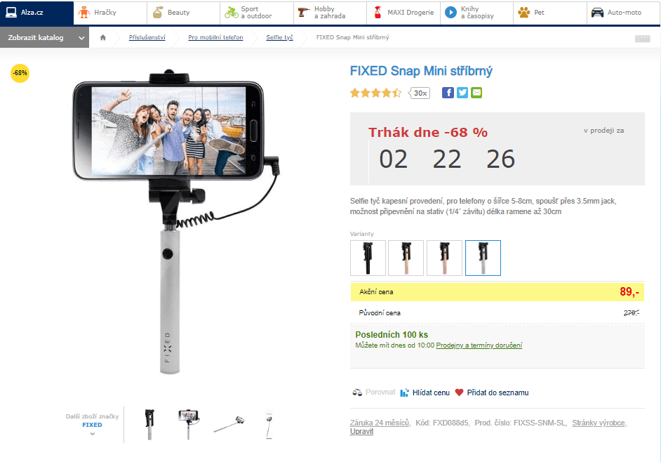 Selfie tyč FIXED Snap Mini