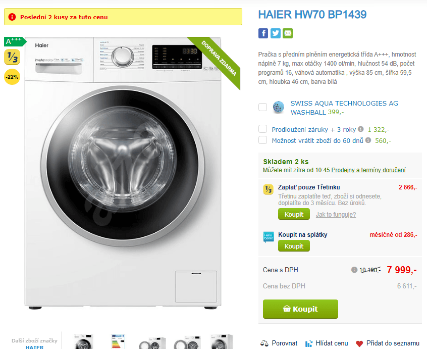 Pračka Haier, 7kg, 1400, pára, A+++