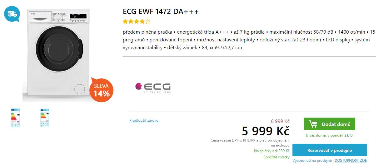 Pračka ECG, 7kg, 1400 ot., A+++