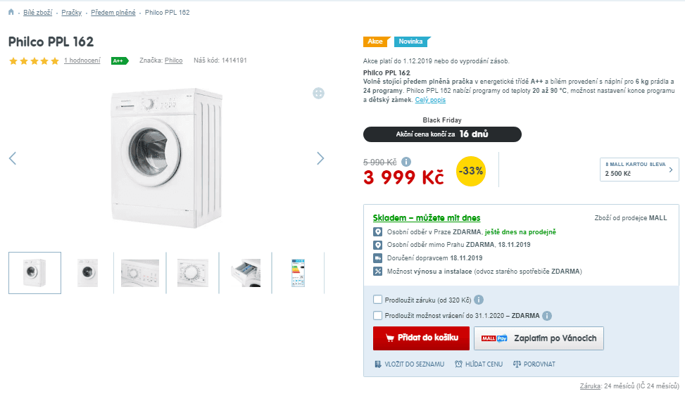 Pračka Philco, 6kg, 1000 ot., A++