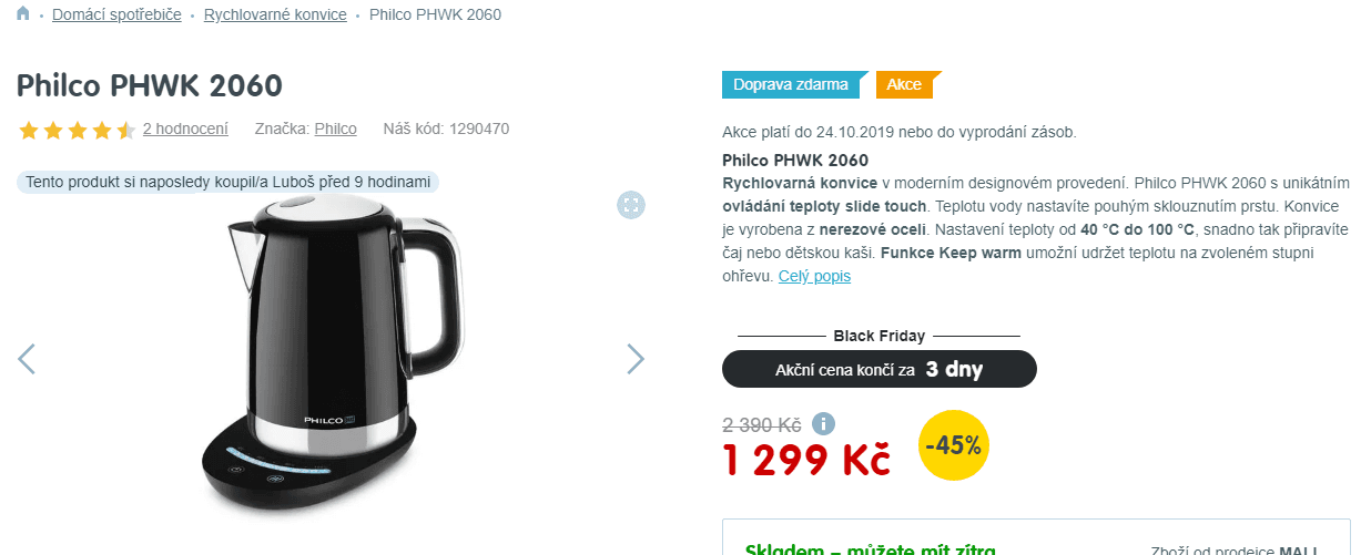 Varná konvice Philco, 1,6l., nastavení teploty