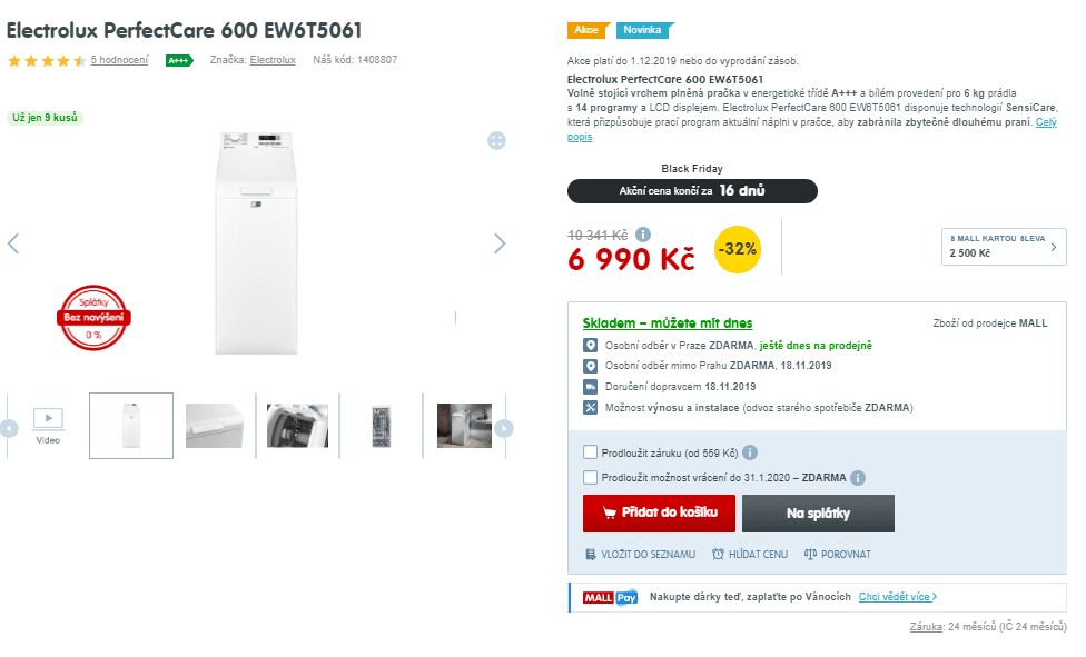Pračka Electrolux, 6kg, 1000 ot., A+++