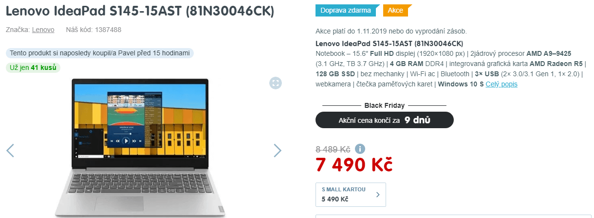 Lenovo, až 3,7 GHz, 4GB RAM, 15,6", SSD