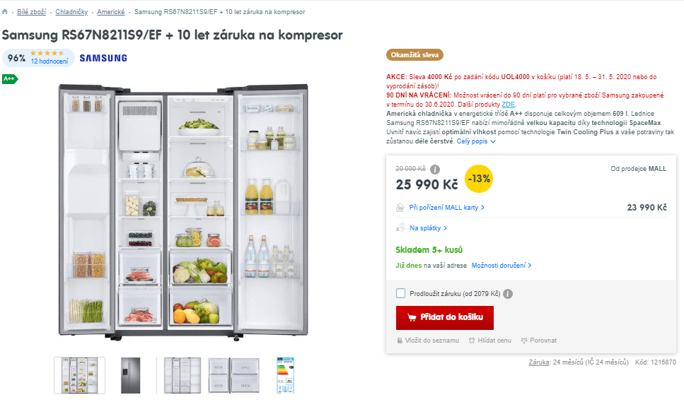 Americká lednice Samsung, A++, led, voda