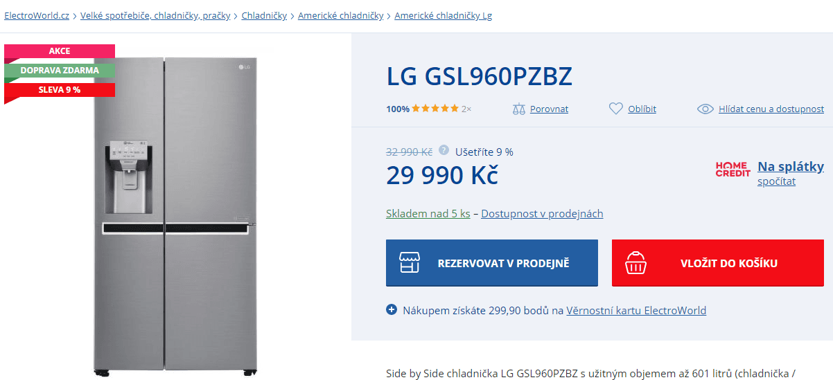 Americká lednice LG, led, voda, no frost
