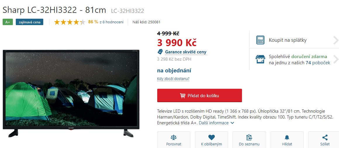 HD Ready LED TV, T2, 81cm, Sharp