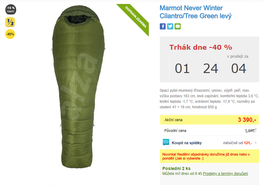 Péřový spací pytek Marmot Never Winter