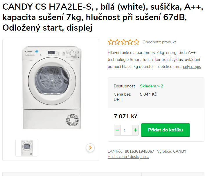 Kondenzační sušička Candy, 7kg, A++, NFC