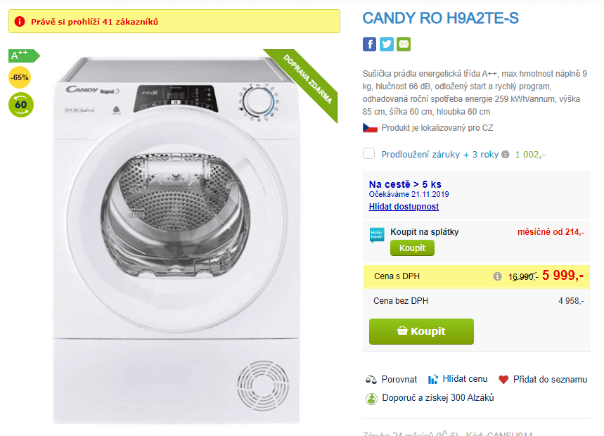 Sušička prádla Candy, 9kg, A++, Wifi