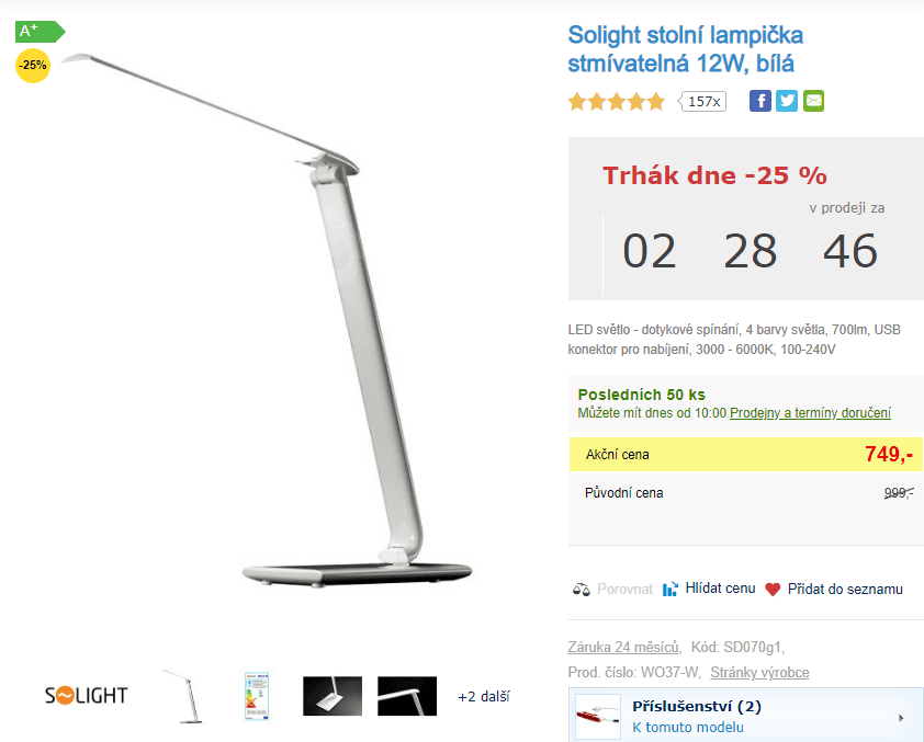 Stmívatelná, dotyková LED lampa Solight