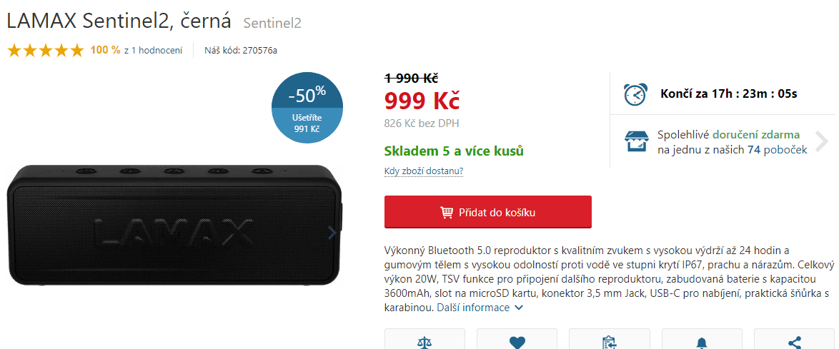 BT repro Lamax Sentinel2, 20W, 24hodin