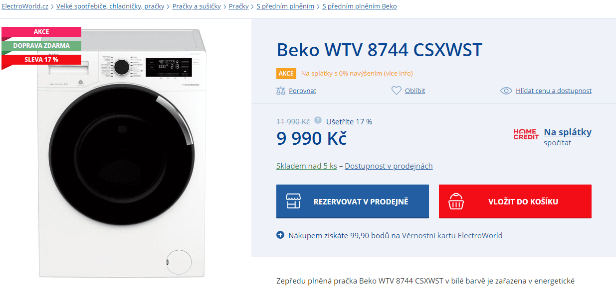 Pračka Beko, 8kg, 1400 ot., A+++, pára