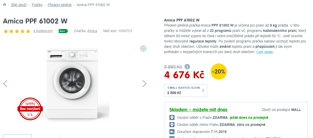 Pračka Amica, 7kg, 1000 ot., A++