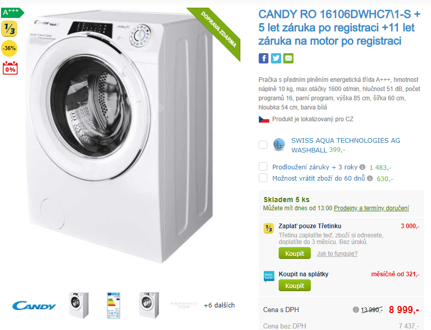 Pračka Candy, 10kg, 1600 ot., pára, A+++, Wifi