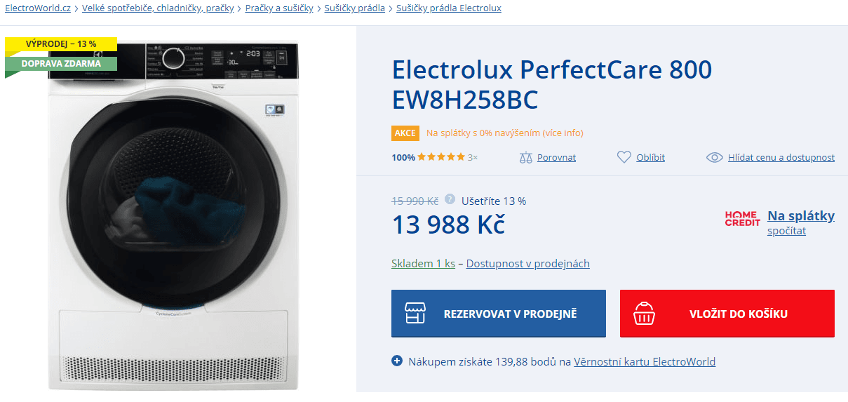 Sušička prádla Electrolux, 8kg, A++