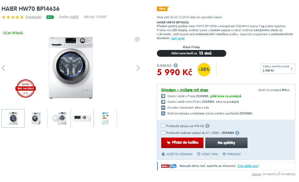 Pračka Haier, A+++, 7 kg, 1400 ot./min
