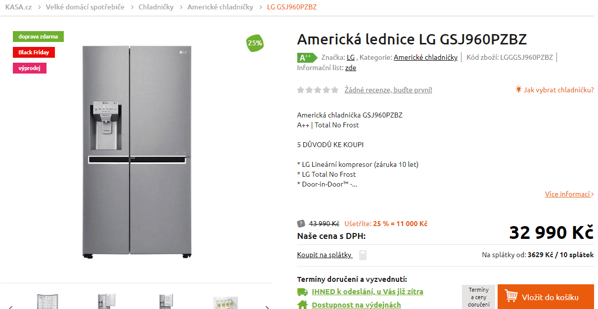 Americká lednice LG, led, voda, door in door