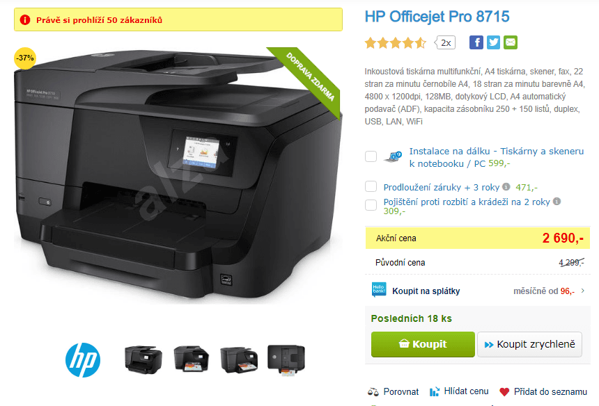 Barevná, ink. multifunkce HP, Wifi, duplex