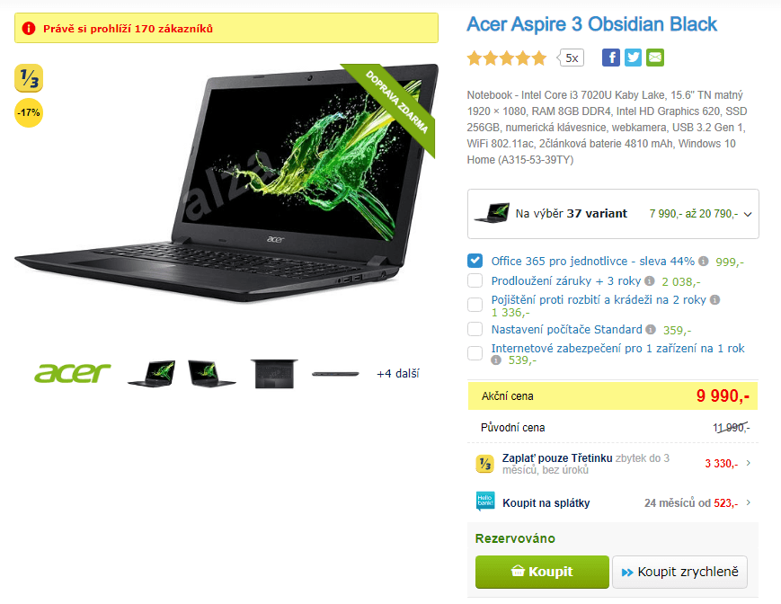 Acer, i3, 2,3 GHz, 8GB RAM, 15,6", SSD