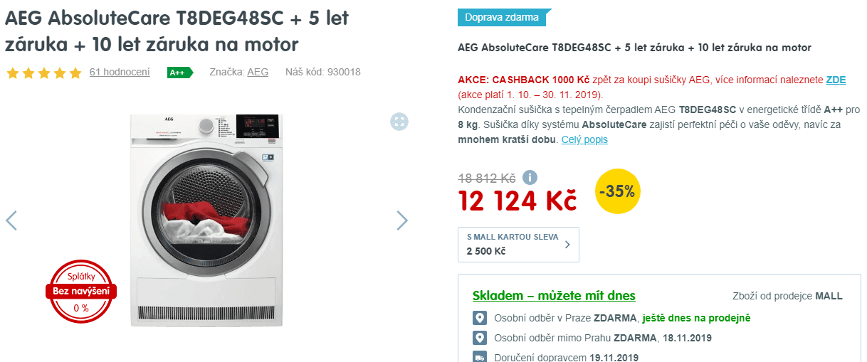 Sušička prádla AEG, 8kg, A++