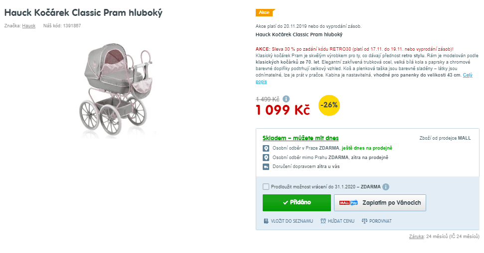 Kočárek pro panenky Hauck hluboký