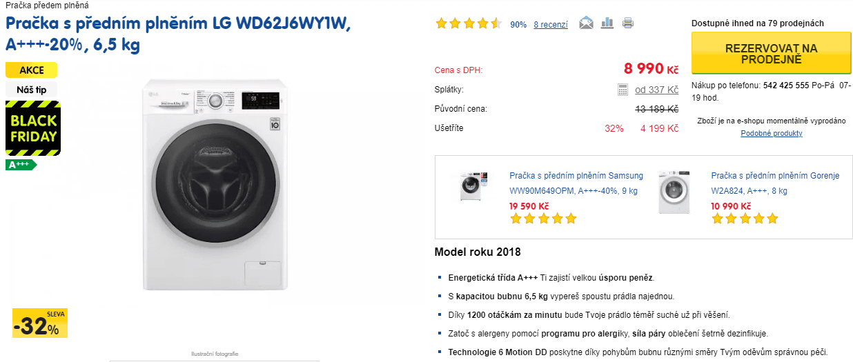 LG, 6,5kg, 1200 ot., pára, A+++