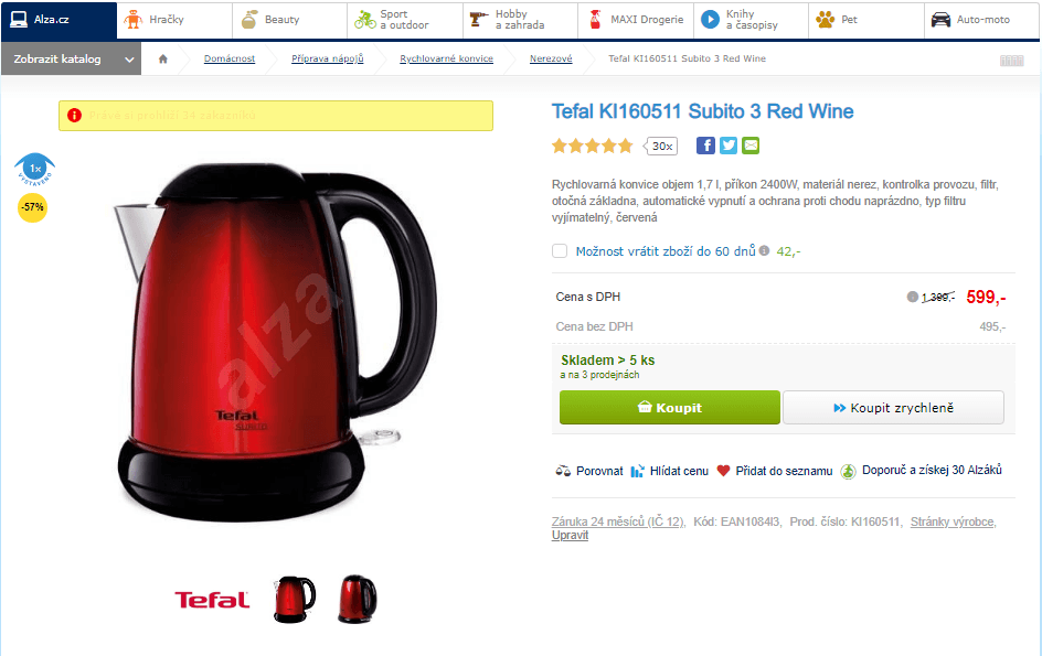 Rychlovarná konvice Tefal, 1,7 l, nerez