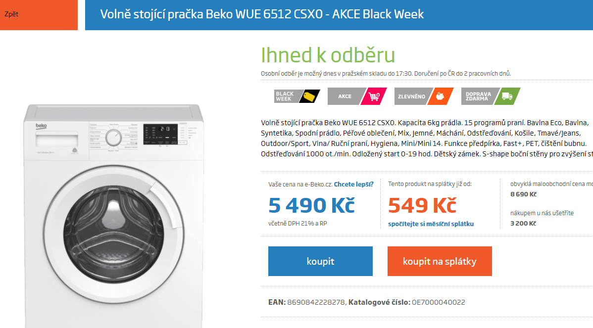 Pračka Beko, 6kg, 1000 ot., A+++, 44cm