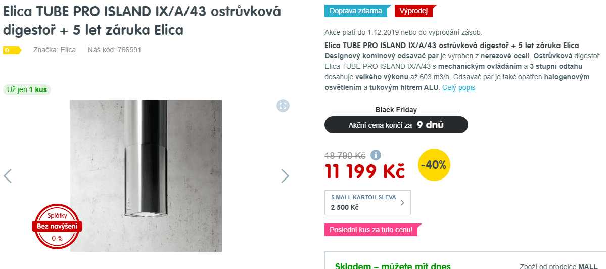 Ostrůvková digestoř Elica Tube, 603 m3/h