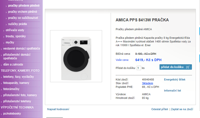 Pračka Amica, 8kg, 1400 ot., A+++