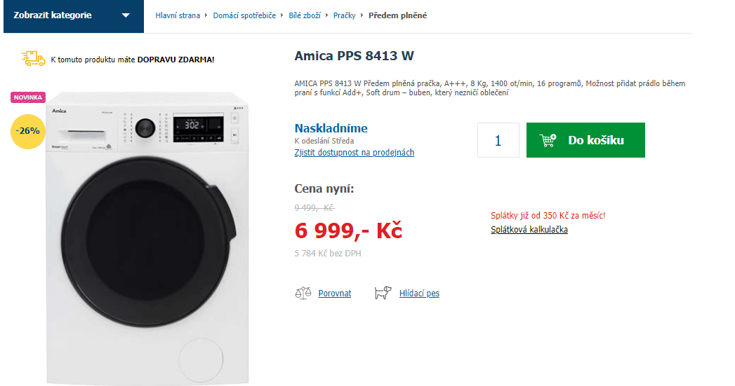 Pračka Amica, 8kg, 1400 ot., A+++