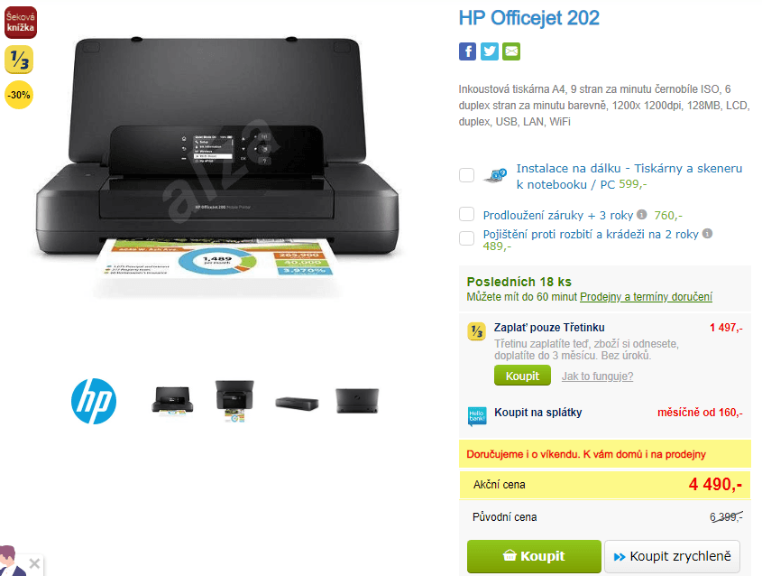 Přenosná ink. tiskárna, barva, Wifi, HP, 2,2kg