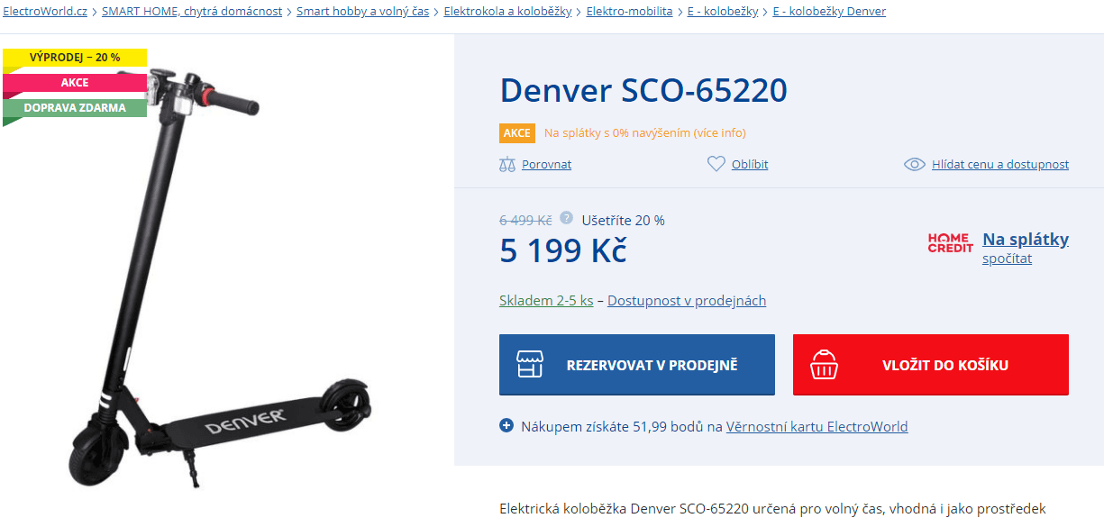 Elektro koloběžka Denver, 20km/h, 12 km