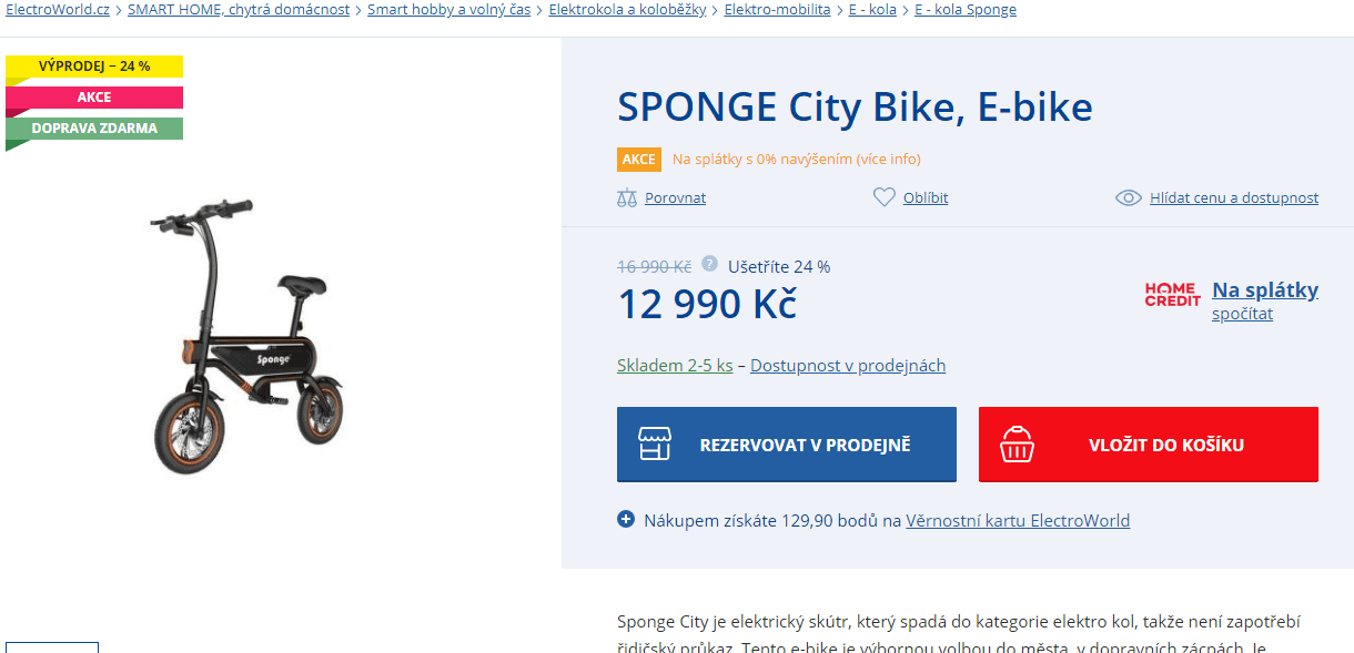 Elektro skútr Sponge, 25km/h, 40 km