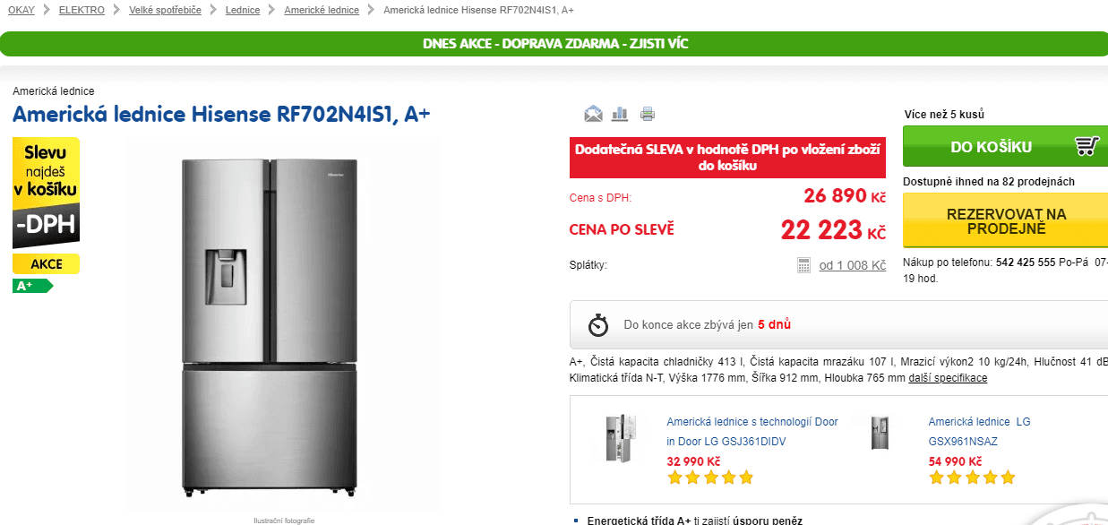 Americká lednice Hisense, led, displej, no frost