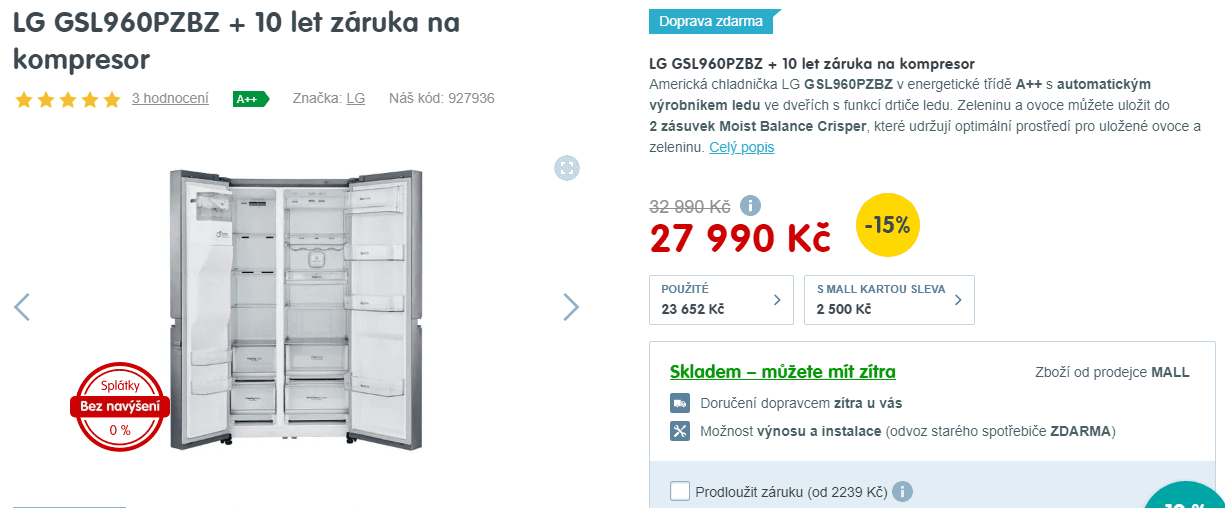 Americká lednice LG, led, voda, no frost