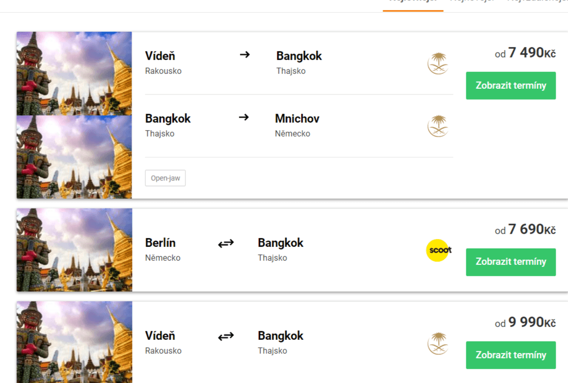Zpáteční letenky do Bangkoku 