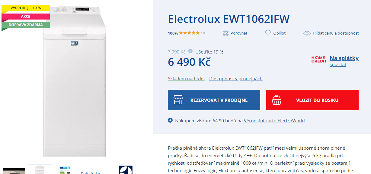 Pračka Electrolux, 6kg, 1000 ot., A++