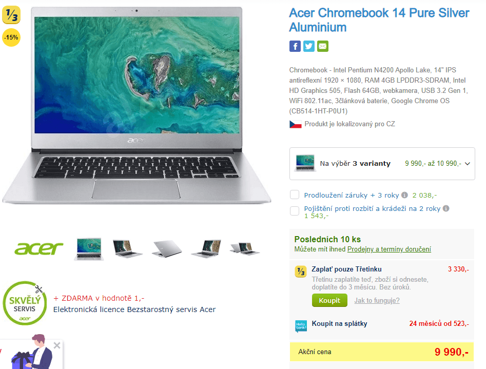 Acer Chromebook, 2,5GHz, 4GB RAM, 14" dotyk