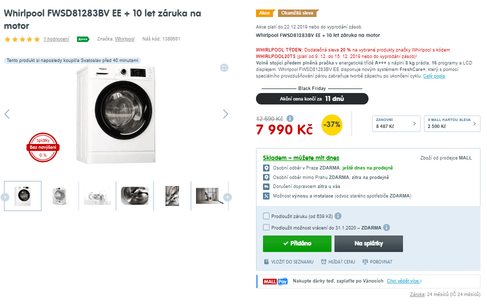Pračka Whirlpool, 8kg, 1200 ot., A+++