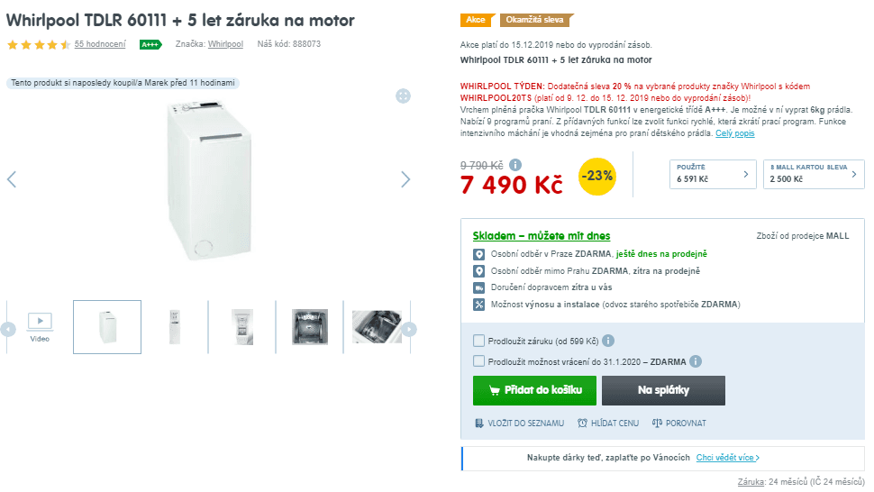 Pračka Whirlpool, 6 kg, 1000 ot., A+++
