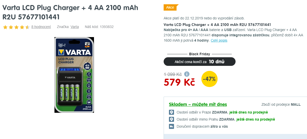 Nabíječka baterii Varta + 4x AA  2100mAh baterie