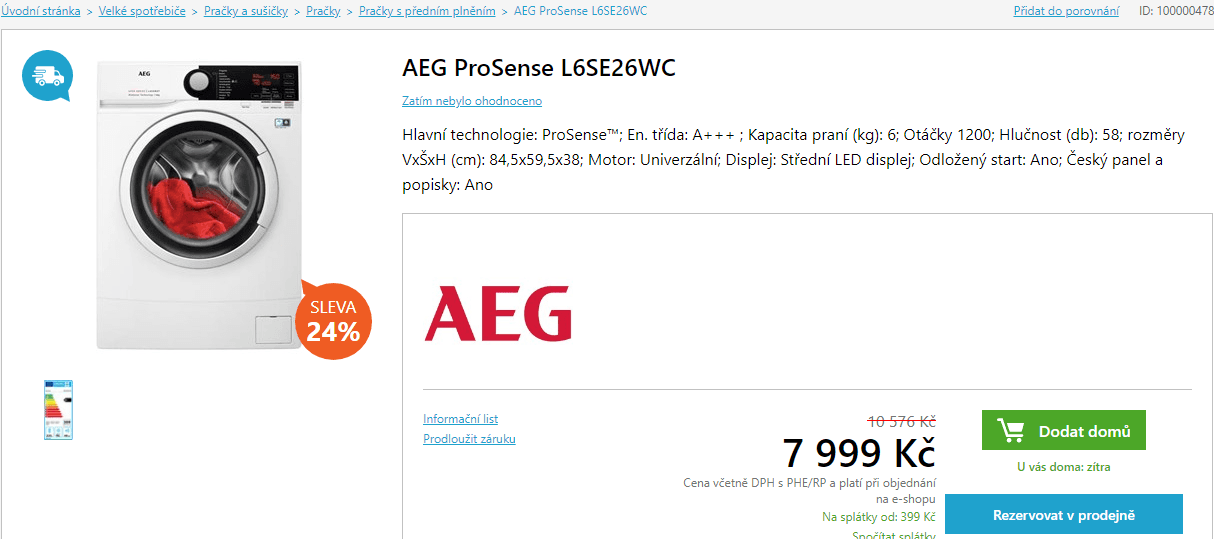 Pračka AEG ProSense, 6kg, 1200 ot., A+++