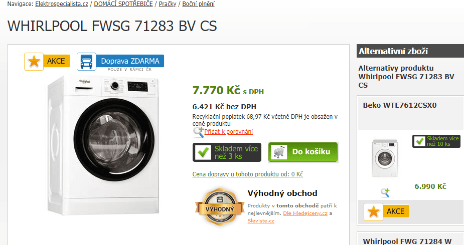 Pračka Whirlpool, 7kg, 1200 ot., A+++, 43,5cm